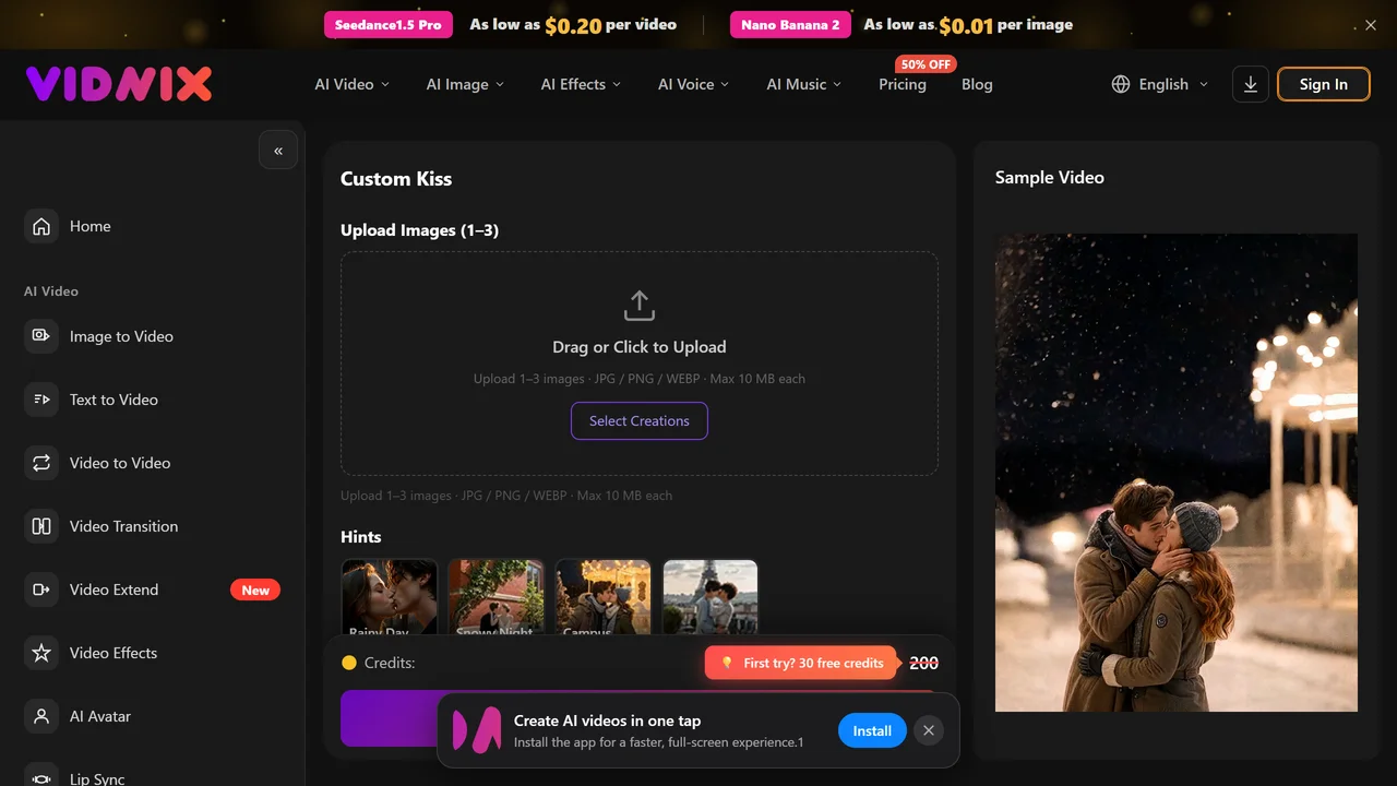 Vidnix | AI Kiss generate