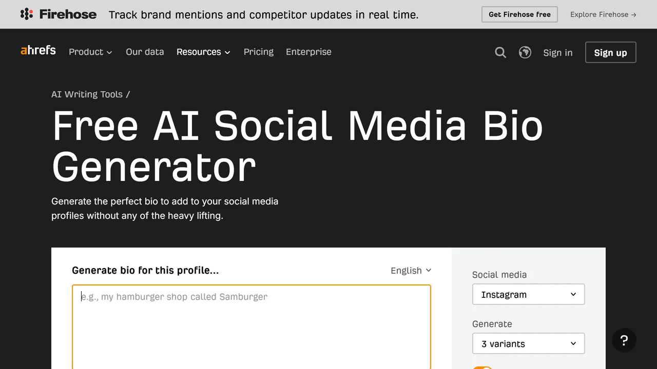 Ahrefs Social Media Bio Generator