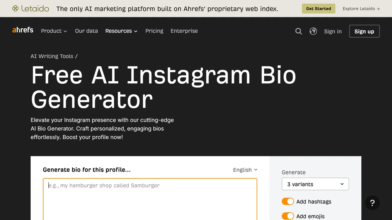 Ahrefs Instagram Bio Generator