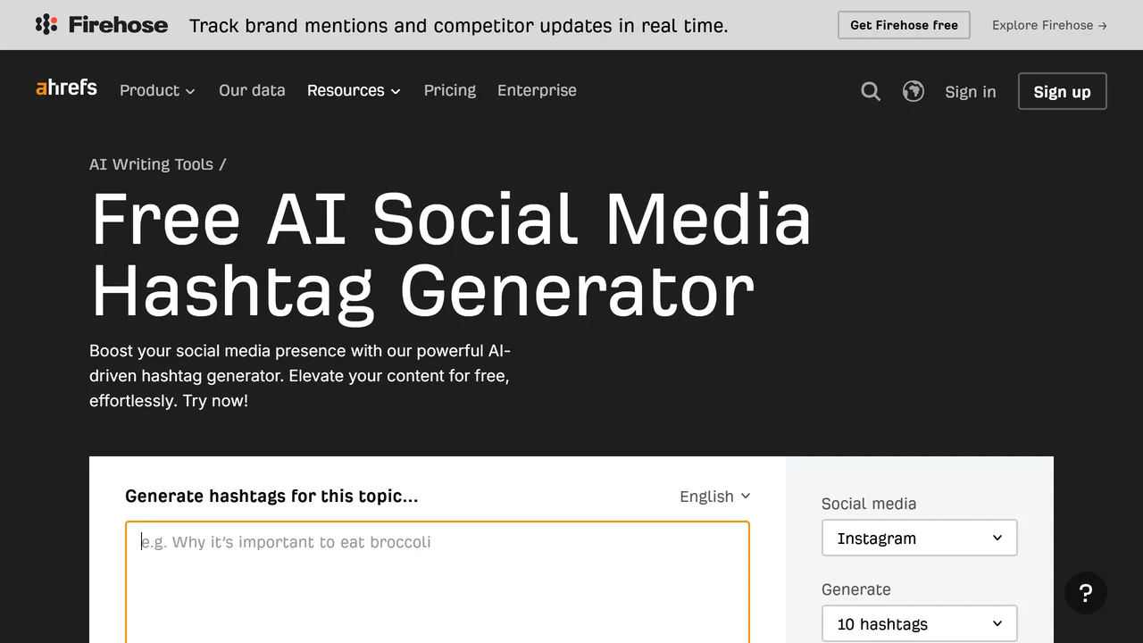 Ahrefs AI Social Media Hashtag Generator