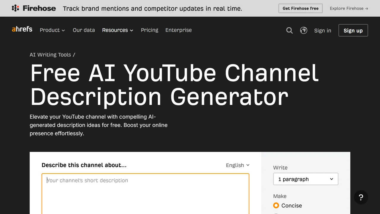Ahrefs YouTube Channel Description Generator