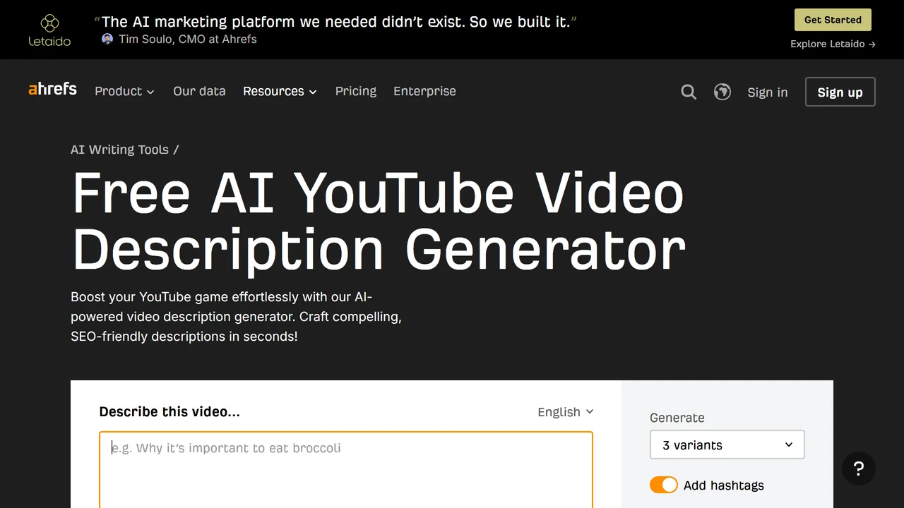 Ahrefs YouTube Video Description Generator