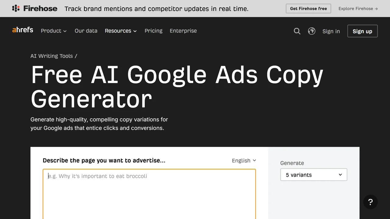 Ahrefs AI Google Ads Copy Generator